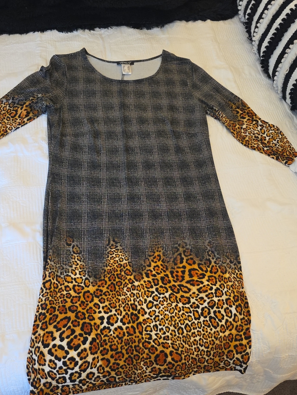 VENUS Gray Plaid Dress with Leopard Print Accent